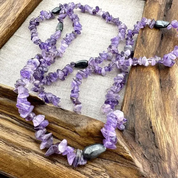 Tumbled Amethyst Necklace Single Strand Sterling Silver Beads 38" L Purple VTG - Picture 1 of 12